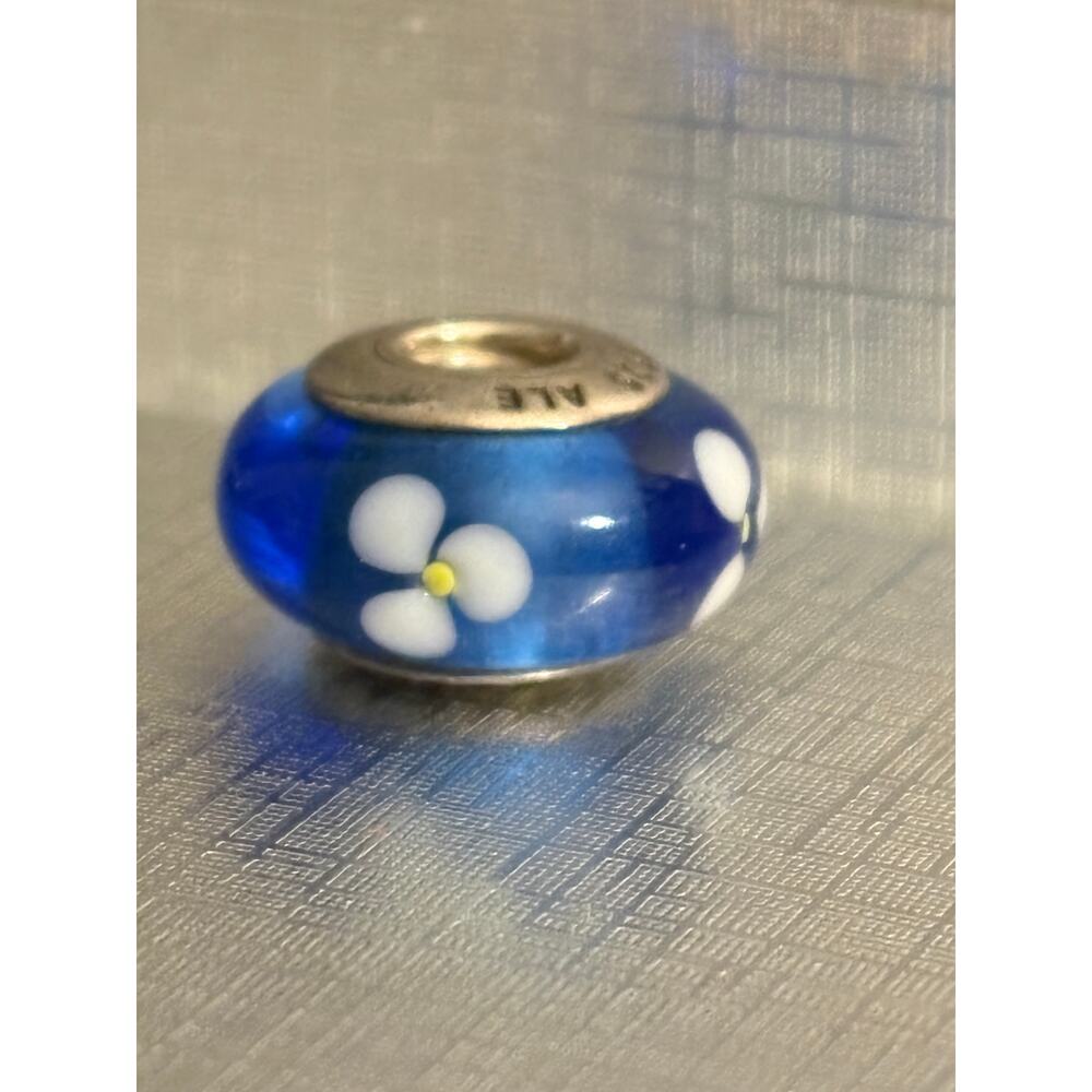 Authentic Pandora Blue Floral Murano Glass Charm 925 Sterling Silver